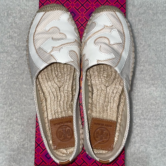 Tory Burch Ivory Leather Textile Lonnie Espadrille Flats - Picture 4 of 5